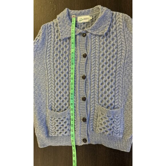 Original Aran Co. Light Blue & White Wool Cable Knit Cardigan W/Pockets Size M - Picture 6 of 7